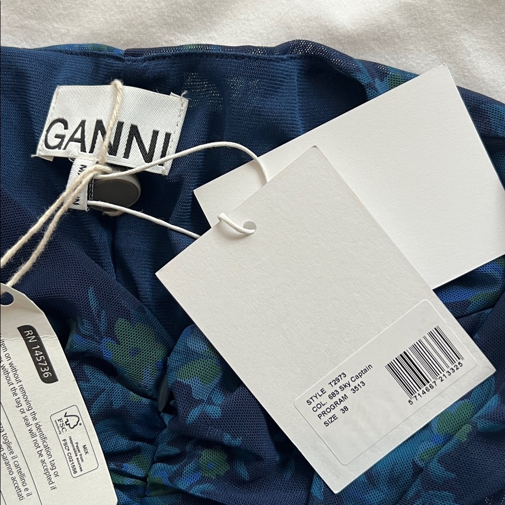GANNI Sky Captain Blue Floral Long Sleeve Ruched Stretch Mesh Dress NWT EU38 USM - Picture 4 of 4